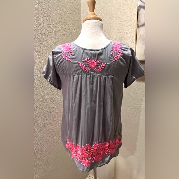 Calypso St Barth Gray Neon Pink Embroidered Boho Spanish Style Top Shirt S - Picture 2 of 7